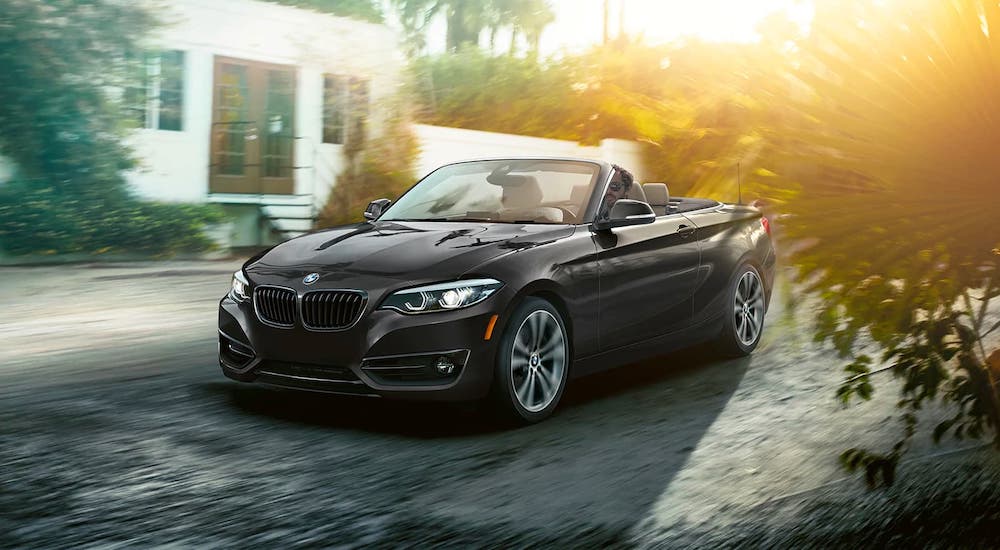 A black 2019 BMW 2 Series convertible is driving around a corner on a dirt road in front of a white building.
